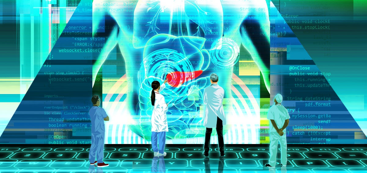 Illustration of medical practitioners using artificial intelligence to evaluate a patient.