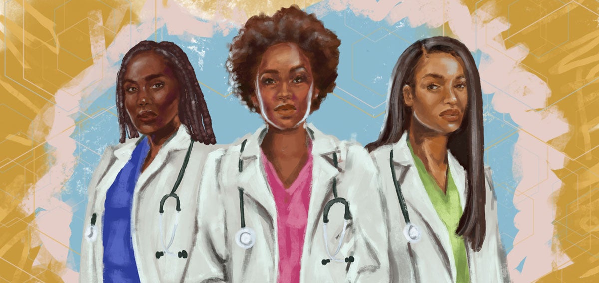 Illustration of three Black women doctors against a vibrant blue and yellow background