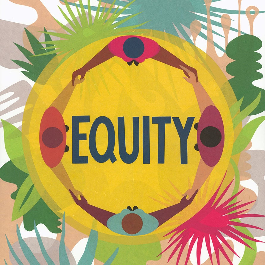 Collage of four people in a circle holding hands, the word "Equity" is in the center.