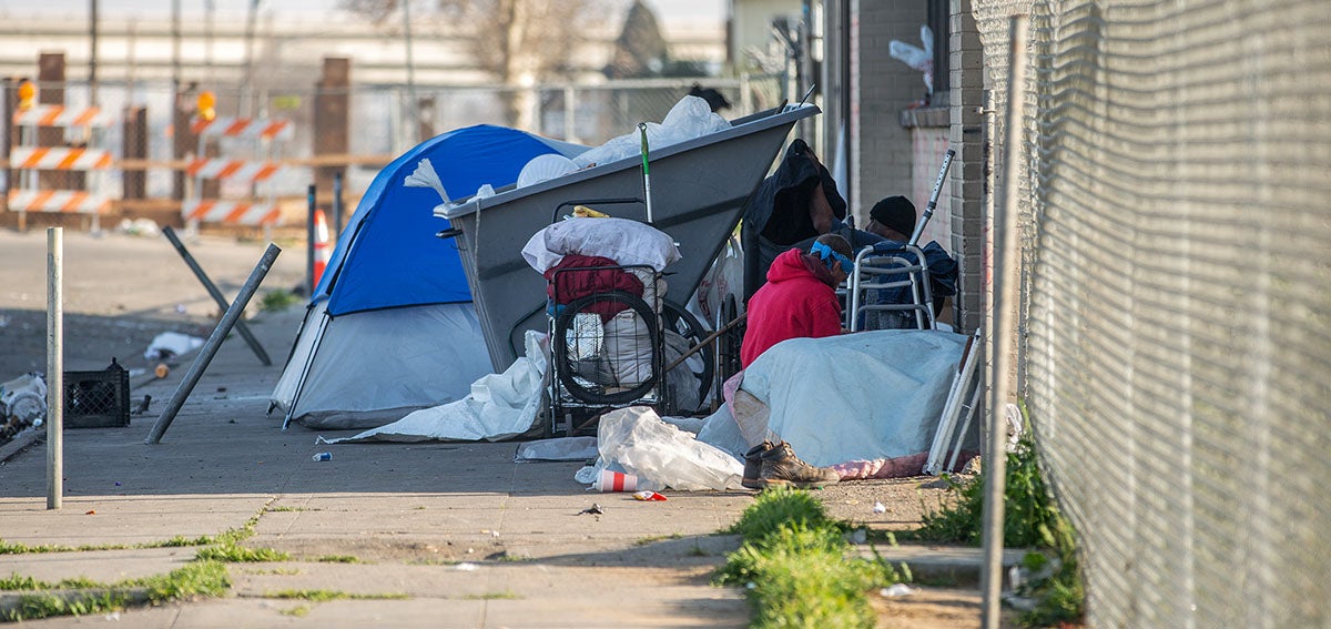 Tent encampment on a street in Fresno