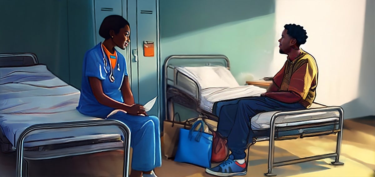 Illustration of nurse talking to patient in recuperative care setting