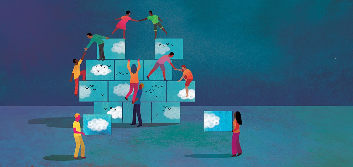 brightly colored illustration of a group of people building a mural of clouds and birds, using large blocks.