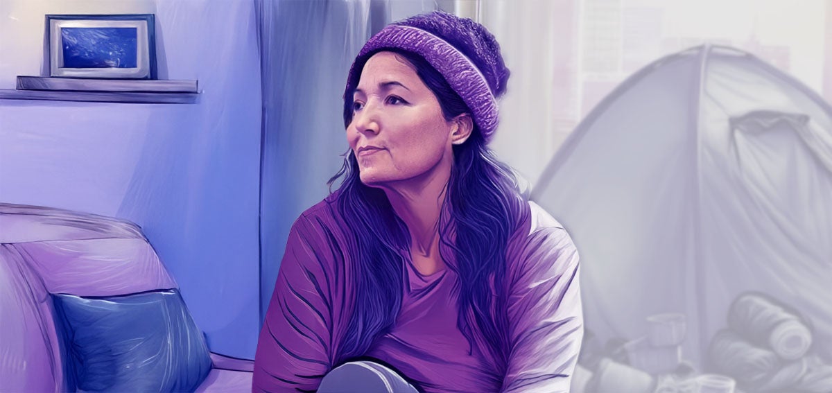 Illustration of woman in her new home reflecting on her past experience of homelessness.