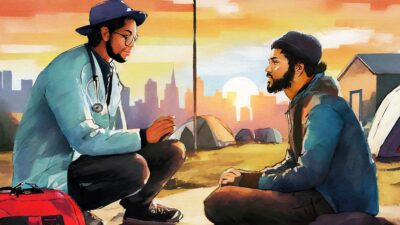Street medicine practitioner visits with a client who is experiencing homelessness. Illustration created with Adobe Firefly