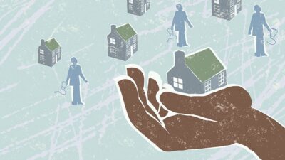Illustration of hand holding up housing and medical care